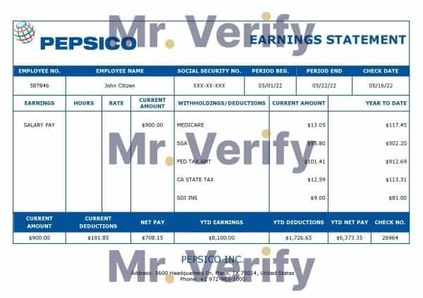 USA Pepsico Inc. drink producing company pay stub Word and PDF template
