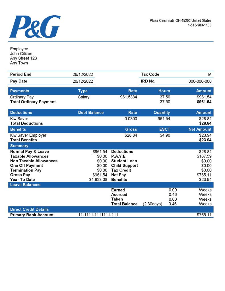 USA Procter & Gamble consumer products company pay stub Word and PDF template