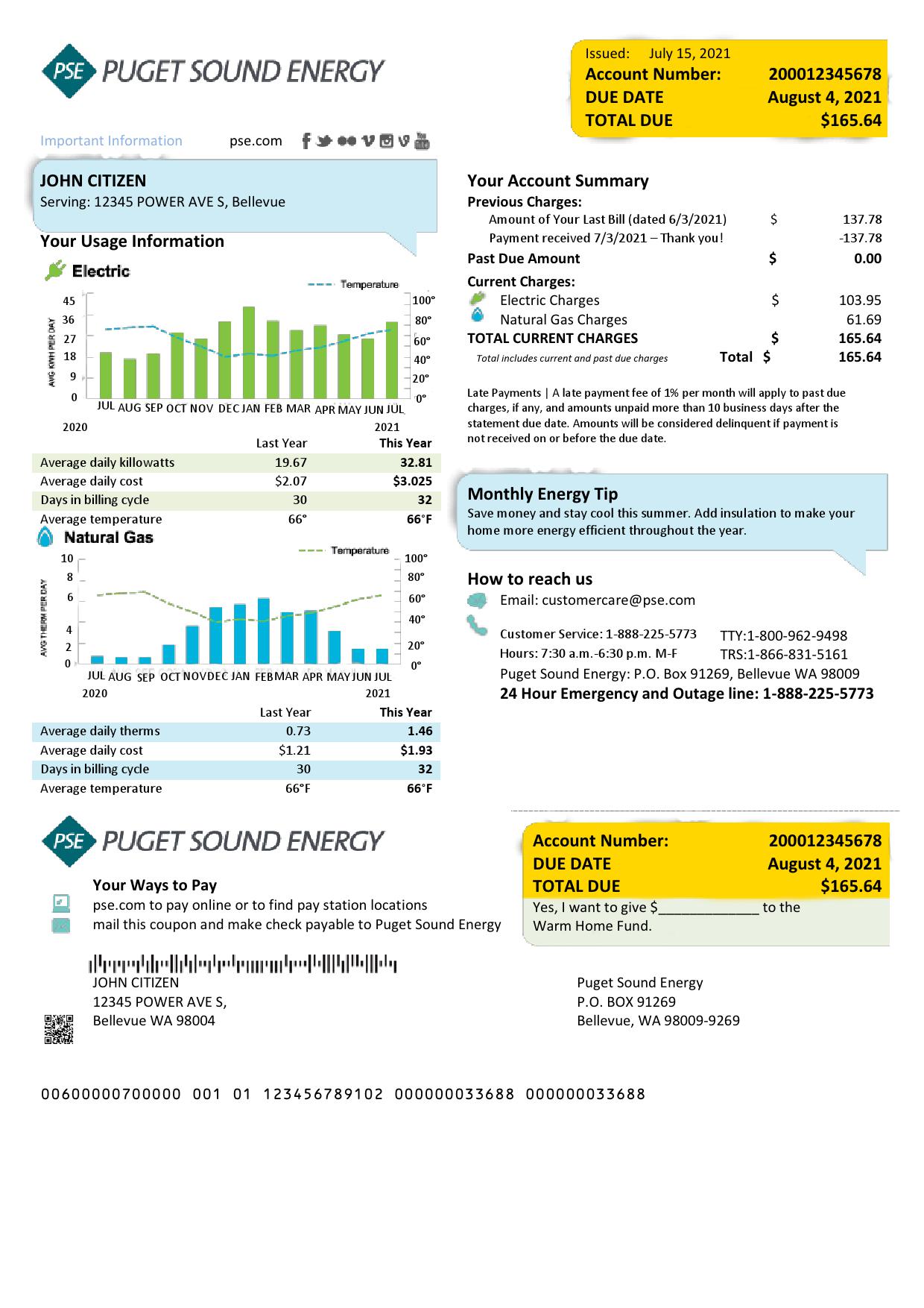 USA Washington Puget Sound Energy utility bill template in Word and PDF format