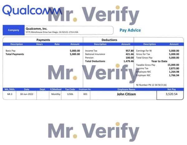 USA Qualcomm semiconductor company pay stub Word and PDF template