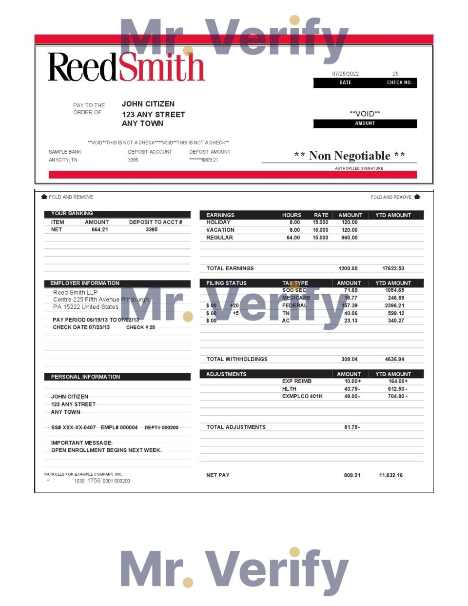 USA Reed Smith LLP law company pay stub Word and PDF template
