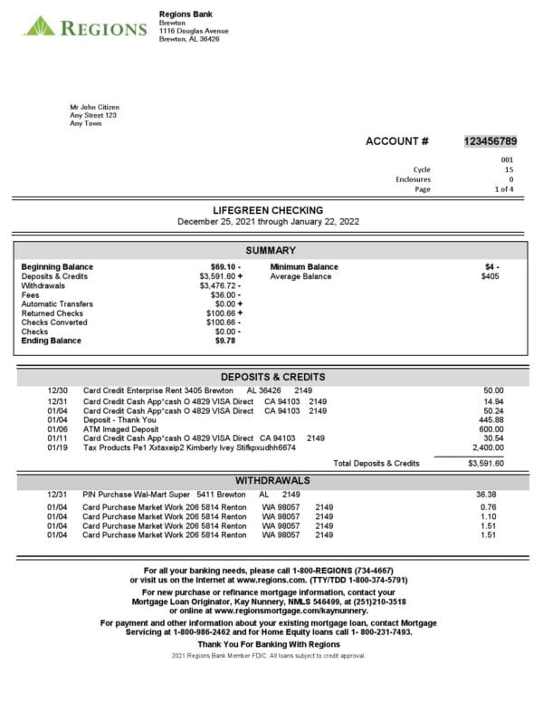 USA Regions Bank statement, Word and PDF template, 4 pages
