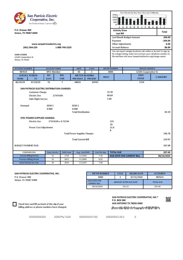 USA Texas San Patricio Electric Corporative utility bill template in Word and PDF (.doc and .pdf) format