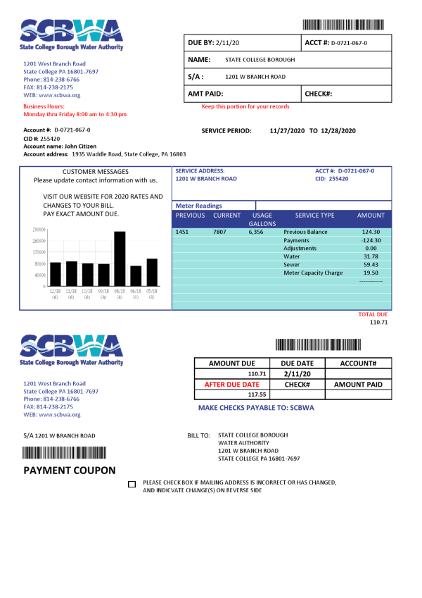 USA Pennsylvania SCBWA water utility bill template in Word and PDF format