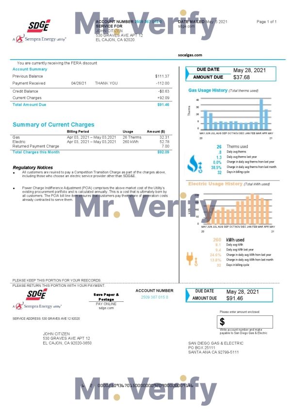 USA California San Diego Gas & Electric (SDG&E) utility bill template in Word and PDF format