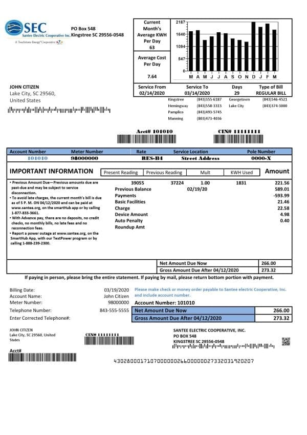 USA South Carolina Santee Electric Cooperative (SEC) proof of address utility bill template in Word and PDF format