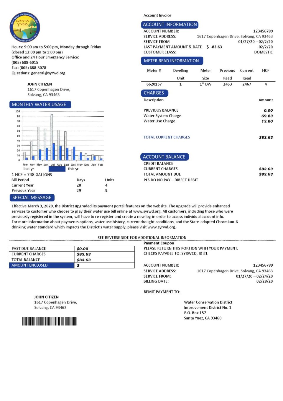 USA California Santa Ynez water utility bill template in Word and PDF format