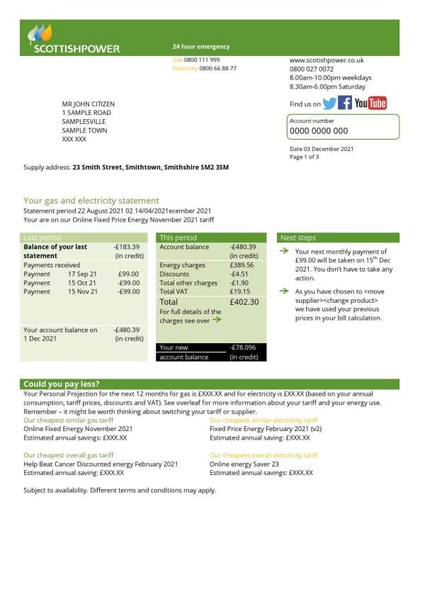 USA ScottishPower utility bill template in Word and PDF format (3 pages)