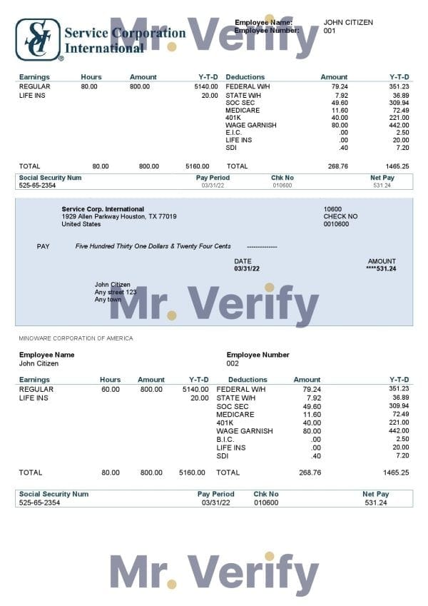 USA Service Corp. International consumer discretionary company pay stub Word and PDF template