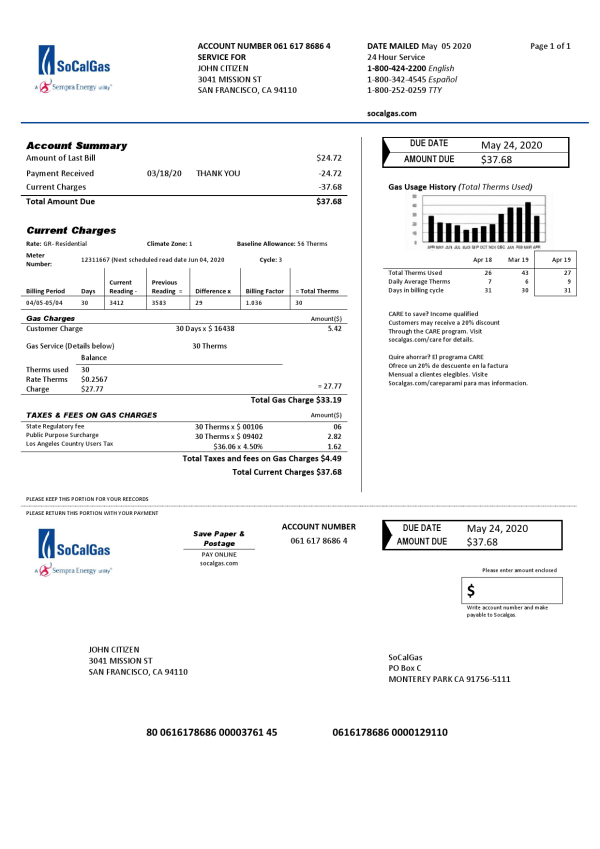 USA California SoCal Gas utility bill template in Word and PDF format