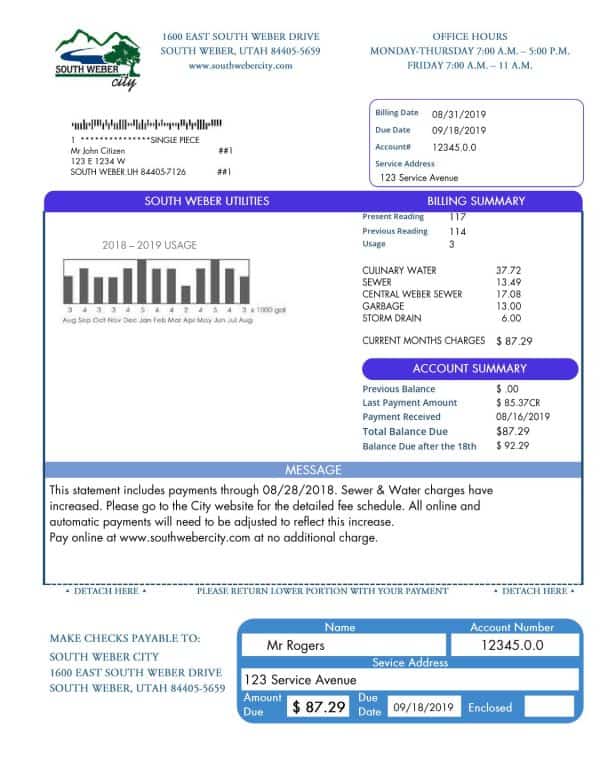 USA South Weber City Utah water utility bill template in Word and PDF format