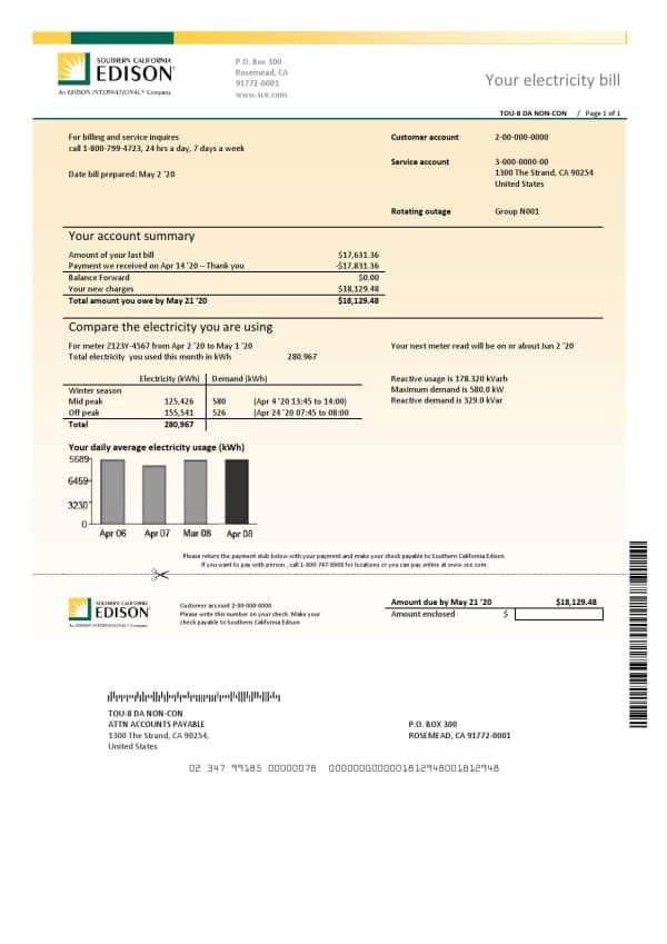 USA Southern California Edison utility bill template in Word and PDF format