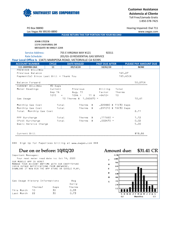 USA Nevada Southwest gas Corporation utility bill template in Word and PDF format