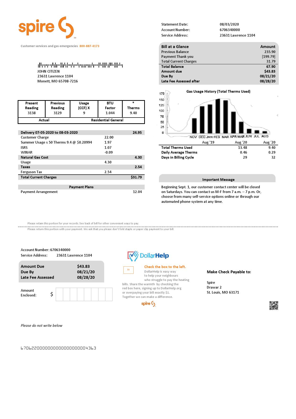 USA Spire gas utility bill template in Word and PDF format
