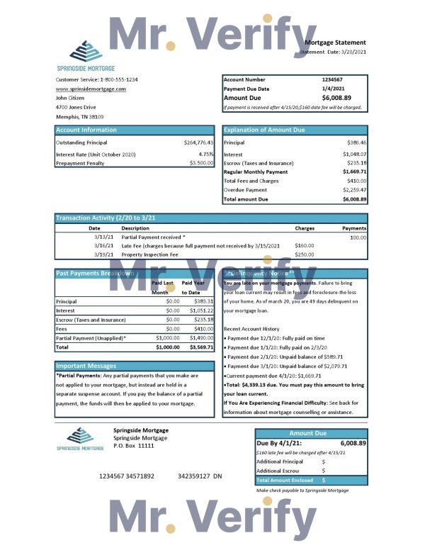USA Springside Mortgage bank statement template in Excel and PDF format
