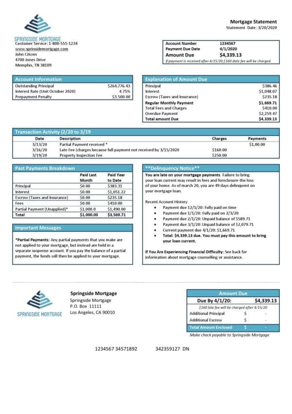USA Springside Mortgage bank statement template in Word and PDF format