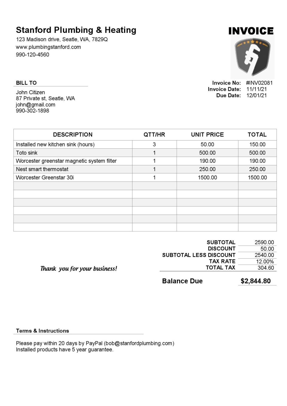 High-Quality USA Stanford Plumbing & Heating company Invoice Template PDF | Fully Editable