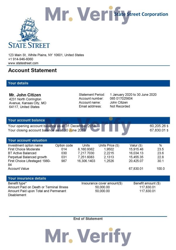 USA State Street Corporation bank statement template in Word and PDF format