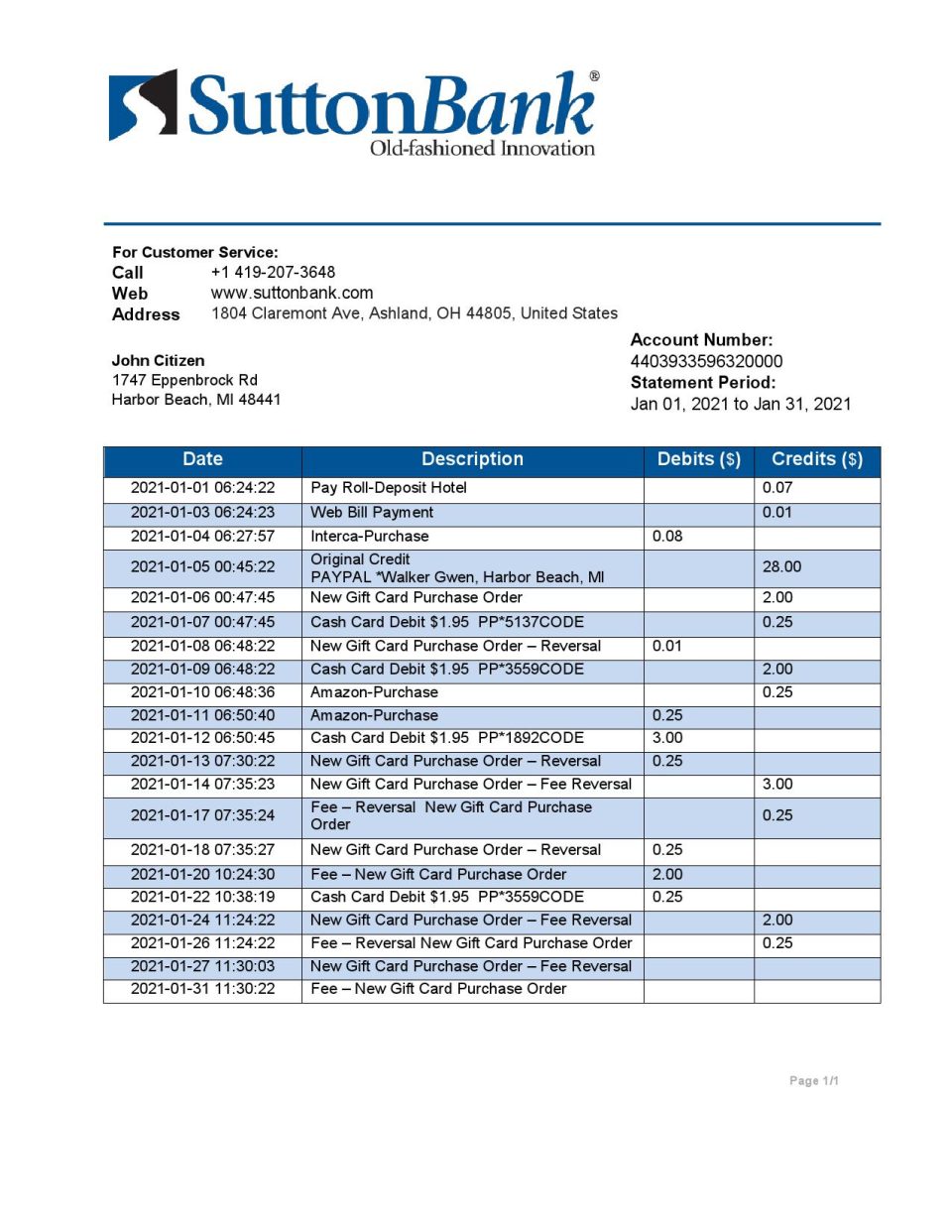 USA Ohio Sutton bank statement template in Word and PDF format