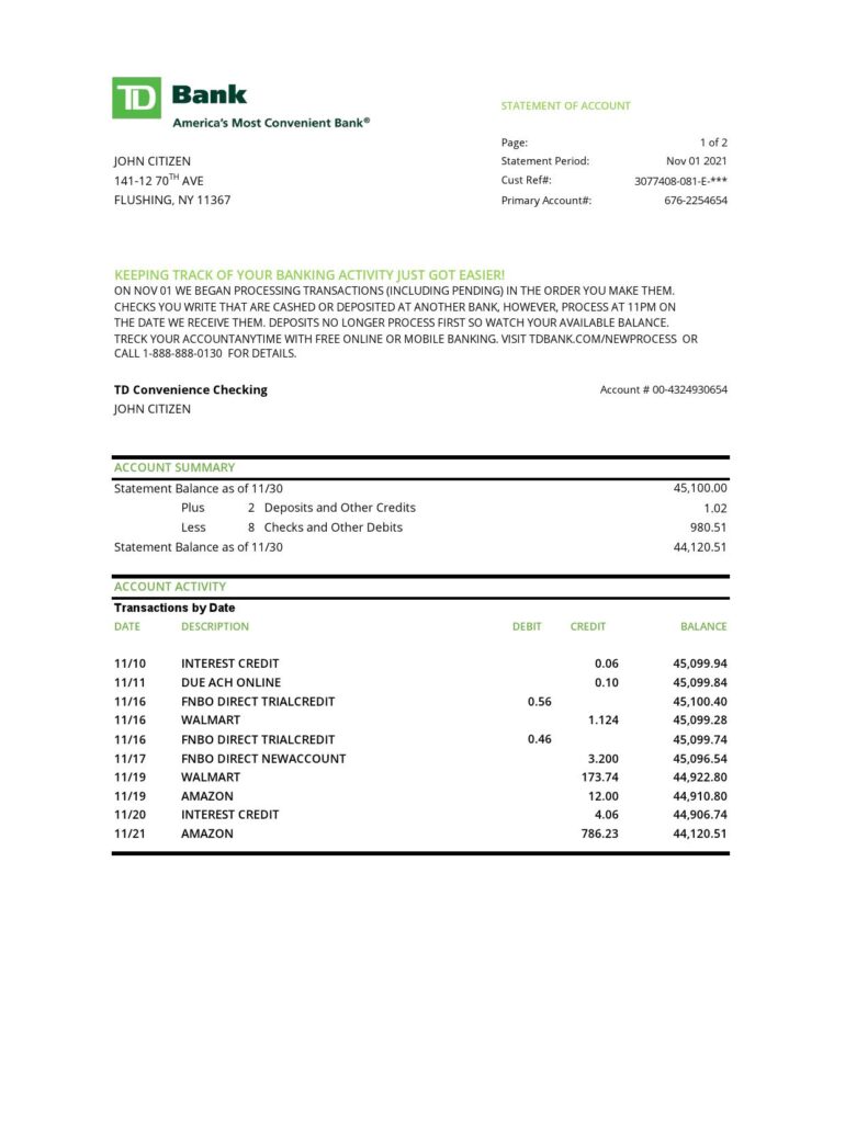 USA TD bank statement template in .xls and .pdf file format
