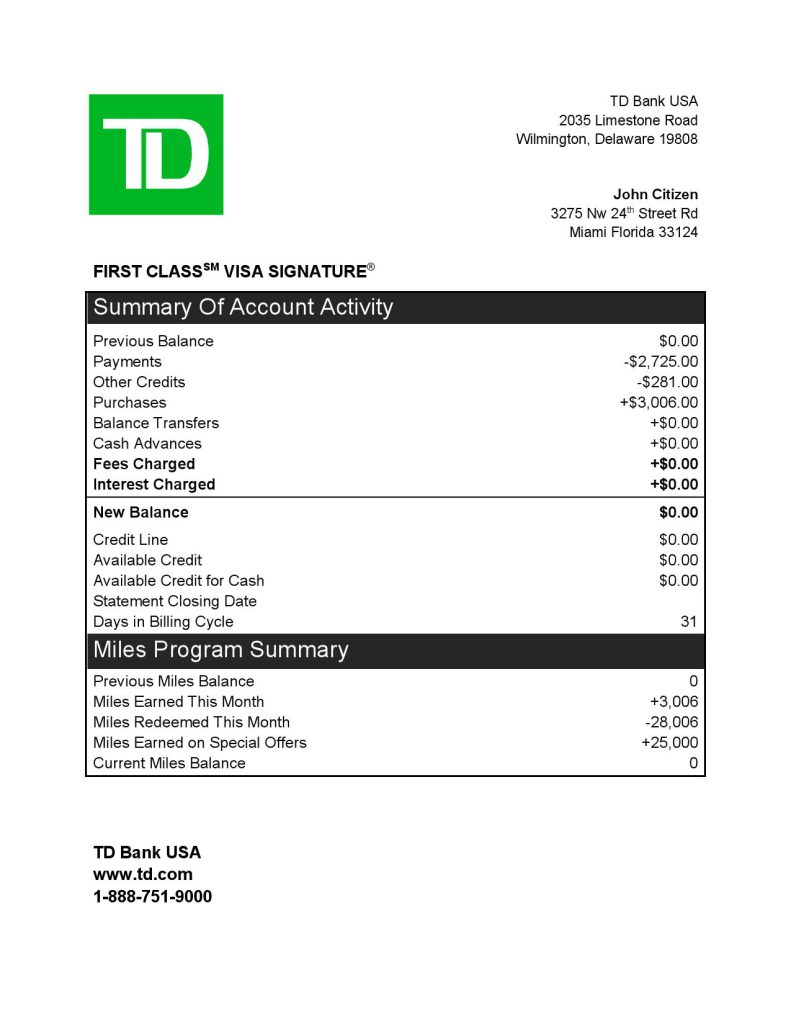 USA TD bank credit card statement template in Word and PDF format