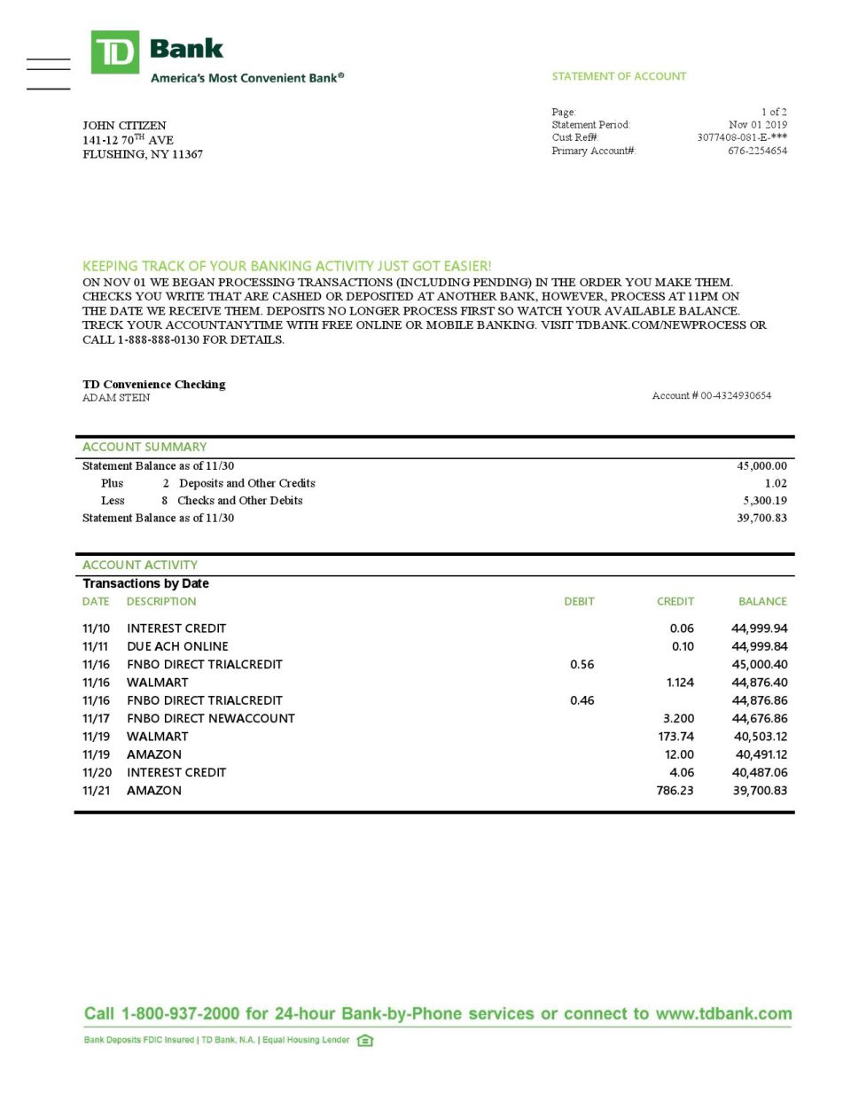 USA TD bank statement template, Word and PDF format (.doc and .pdf)