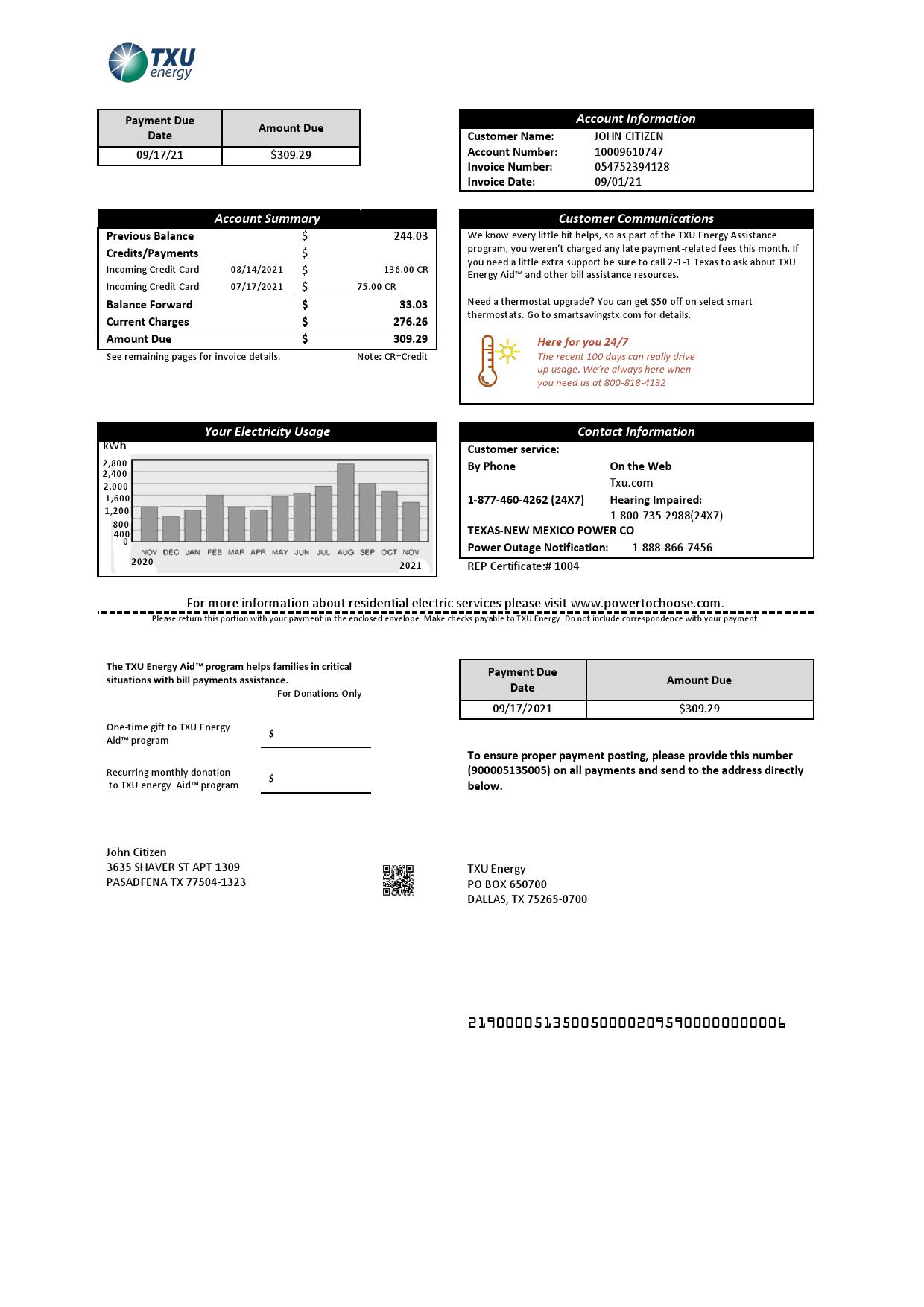 USA Texas TXU Energy utility bill template in Word and PDF format
