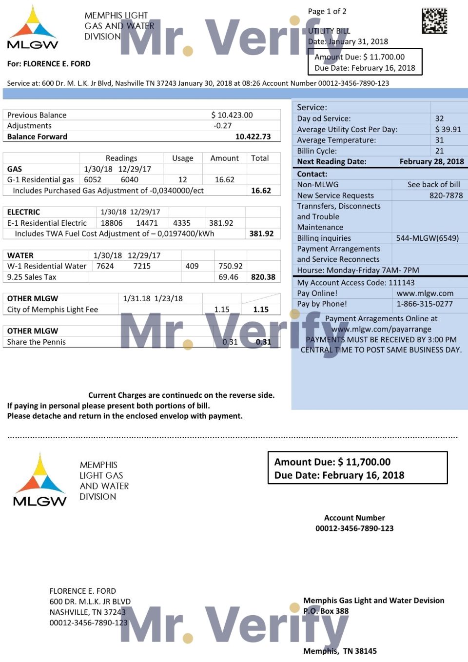 USA Tennessee MLGW utility bill template in Word and PDF format