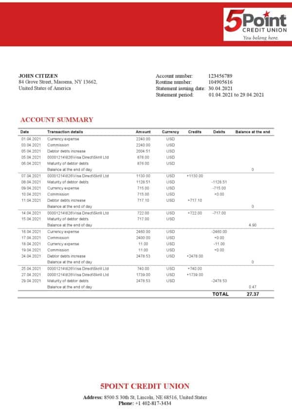 USA Texas 5Point Credit Union bank statement template in Word and PDF format