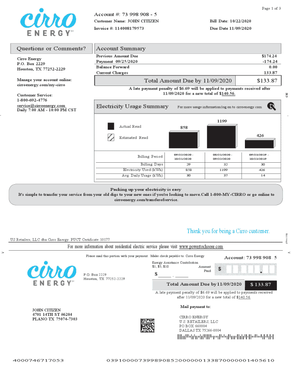 USA Texas Cirro Energy utility bill template in Word and PDF format (3 pages)