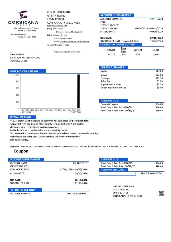 USA Texas City of Corsicana utility bill template in Word and PDF format