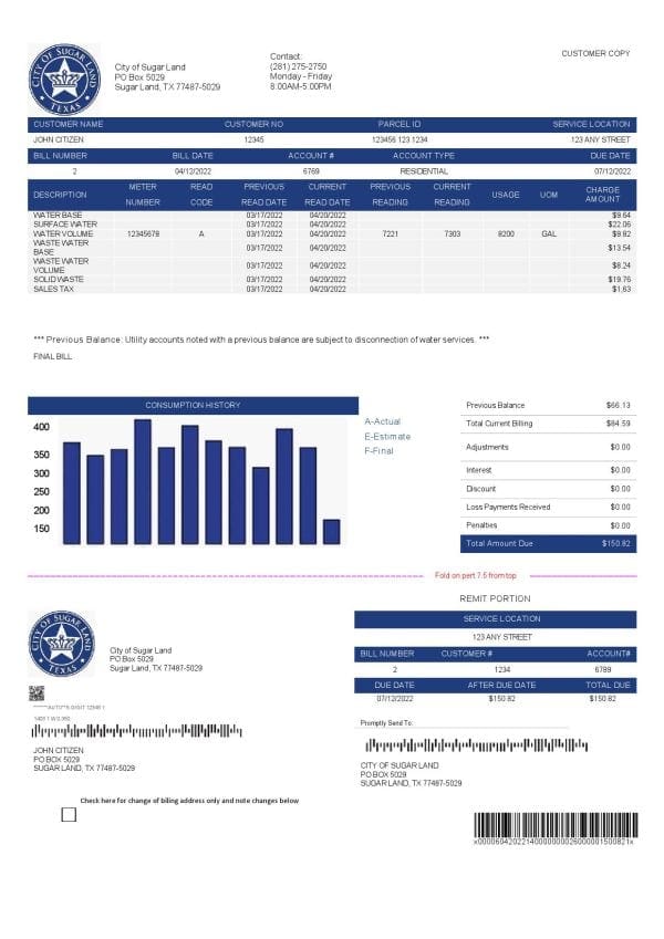 USA Texas City of Sugar Land utility bill template in Word and PDF format