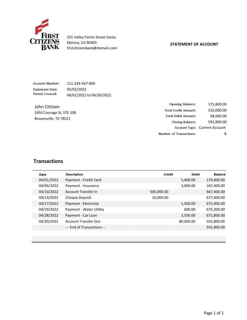 USA Texas First Citizens bank statement Word and PDF template
