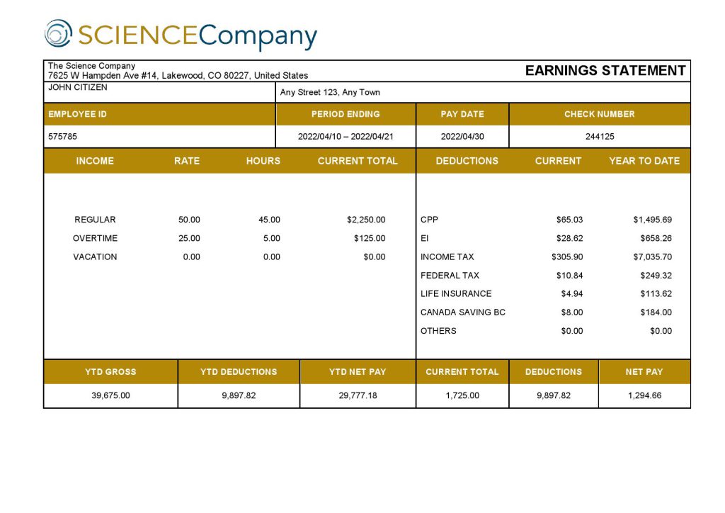 USA The Science Company science company pay stub Word and PDF template