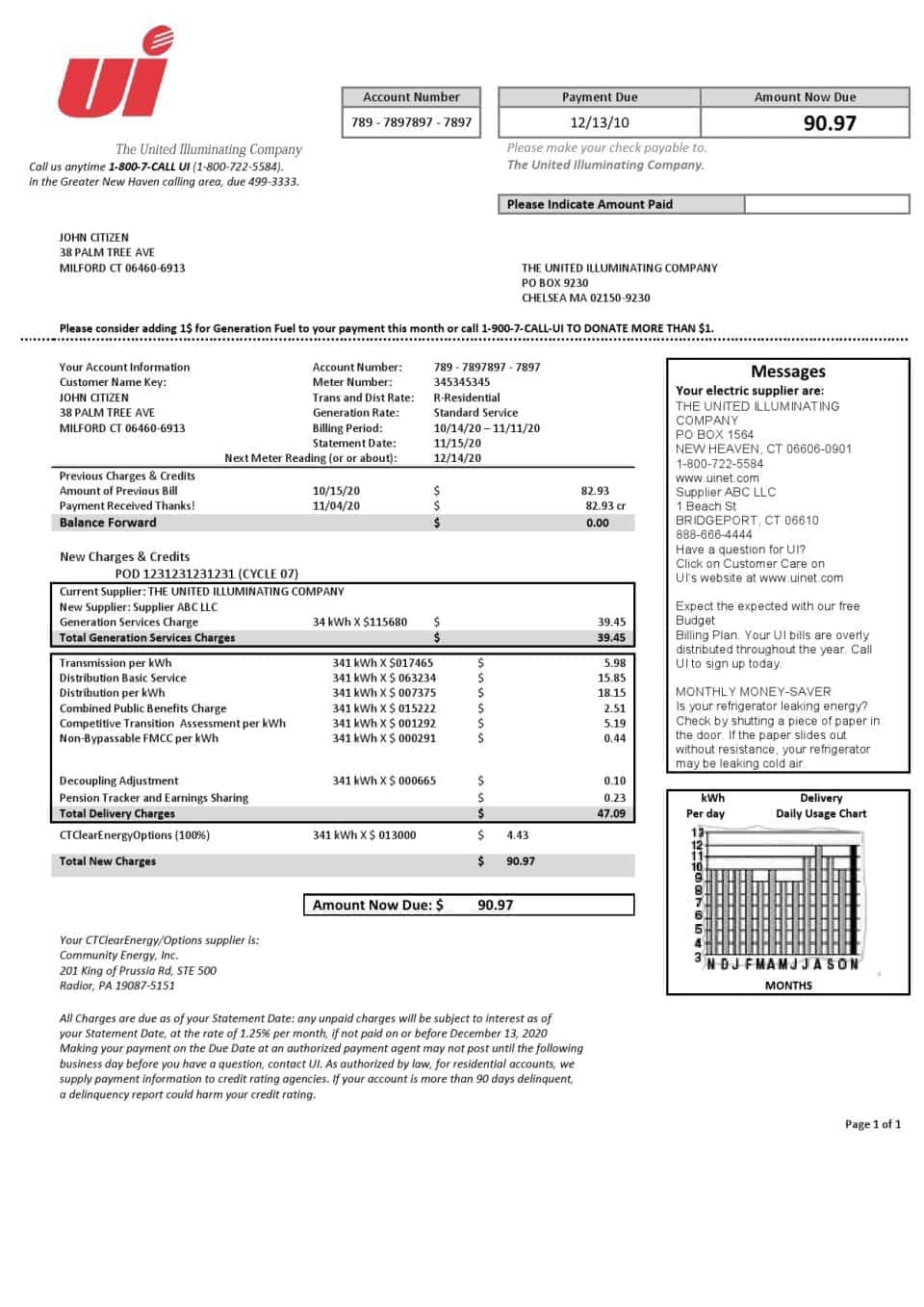 USA Connecticut The United Illuminating Company electricity utility bill template in Word and PDF format