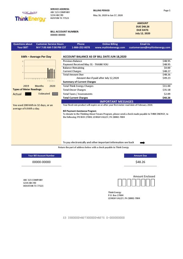 USA Think Energy utility bill template in Word and PDF format