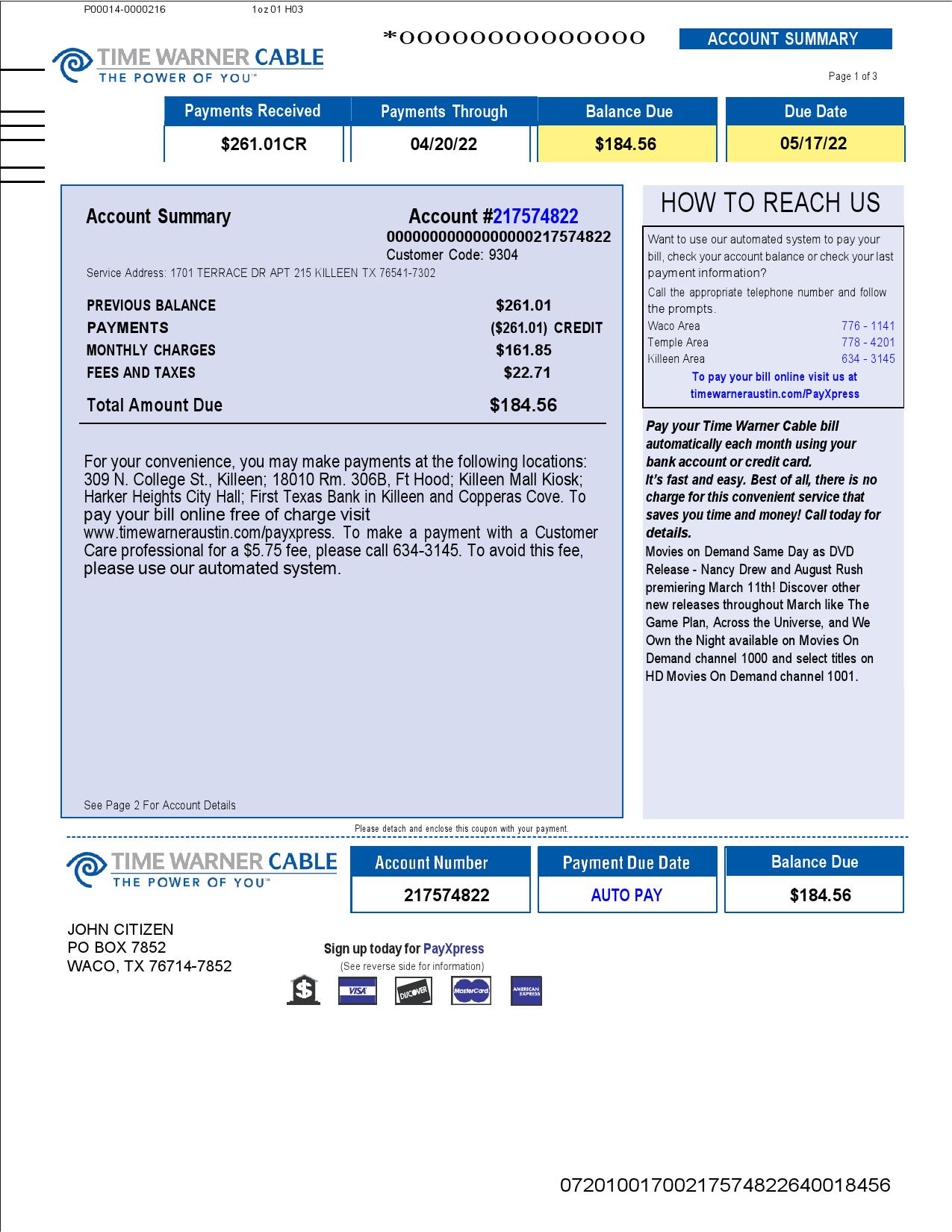 USA Time Warner Cabel utility bill, Word and PDF template, 3 pages