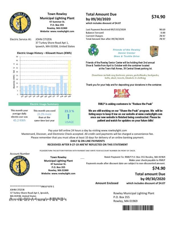 USA Massachusetts Town of Rowley Municipal Lighting Plant electricity utility bill template in Word and PDF format