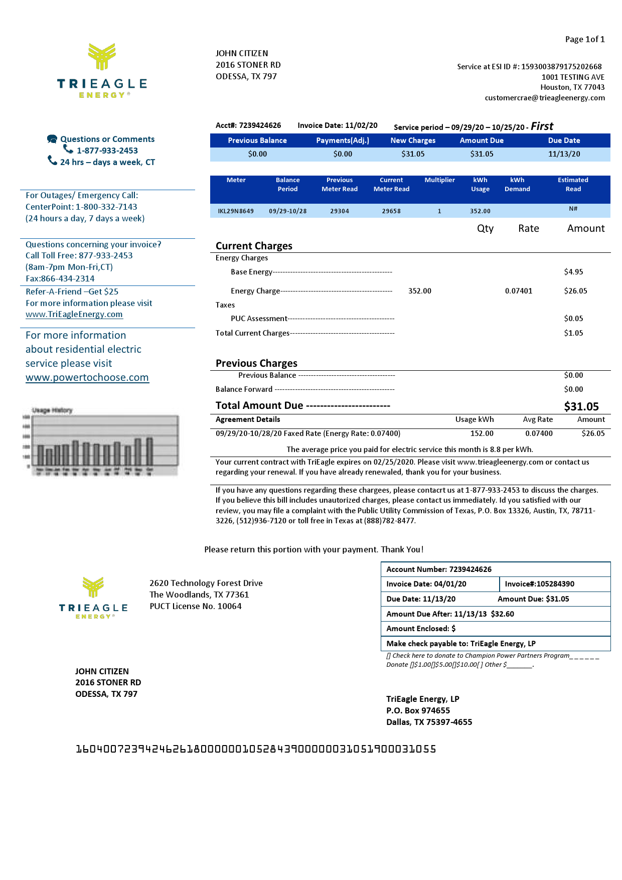 USA Texas TriEagle utility bill template in Word and PDF (.doc and .pdf) format