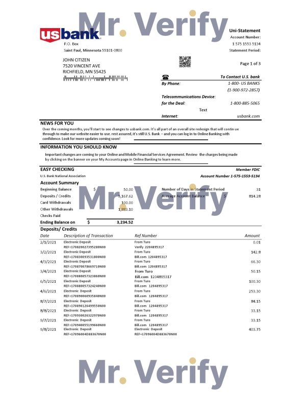 USA U.S. Bank statement template in Excel and PDF (.xls and .pdf file) format (3 pages)