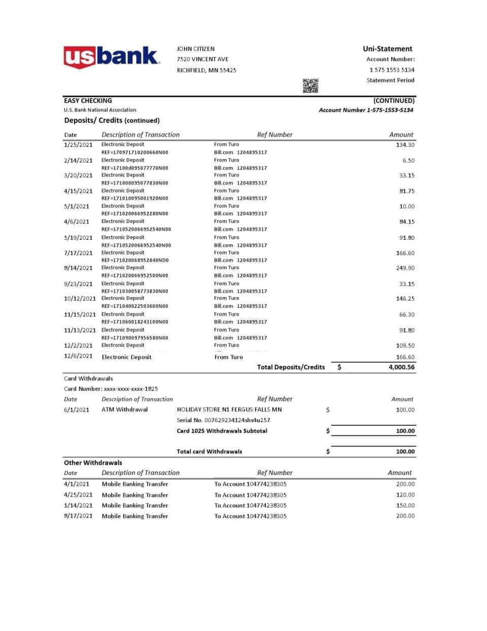 USA U.S. Bank statement template in Excel and PDF (.xls and .pdf file) format (3 pages)
