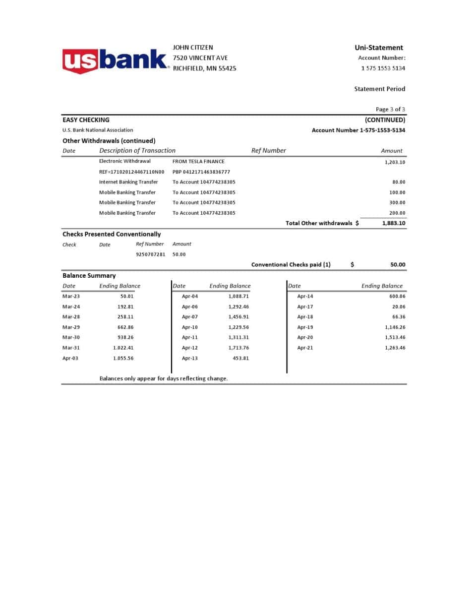 USA U.S. Bank statement template in Excel and PDF (.xls and .pdf file) format (3 pages)