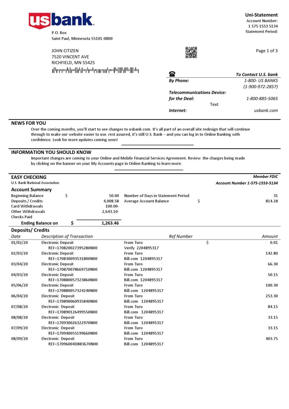 USA U.S. bank statement template in Word and PDF format (3 pages)