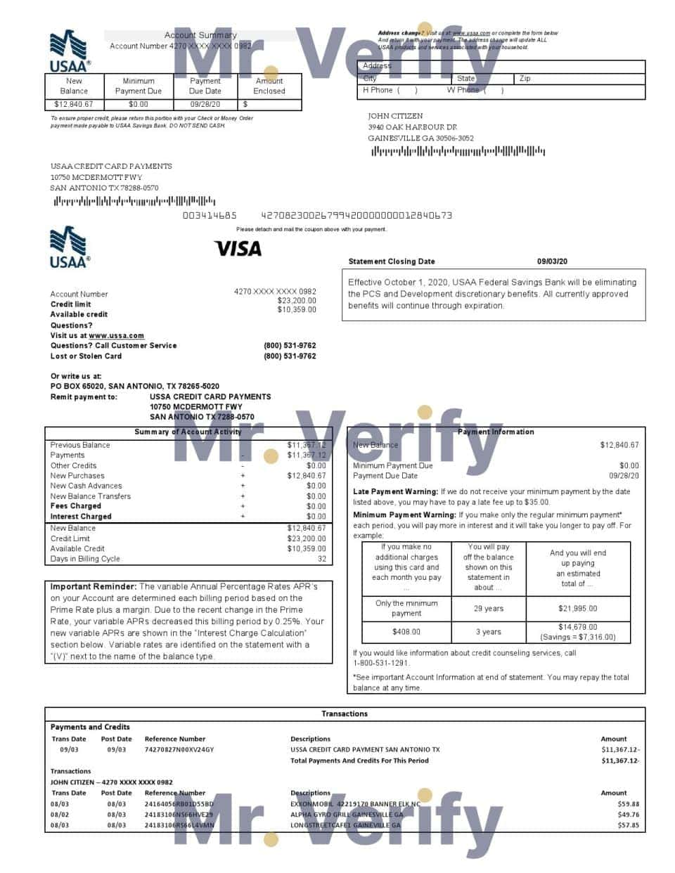 USA USAA bank Credit card statement template in Word and PDF format