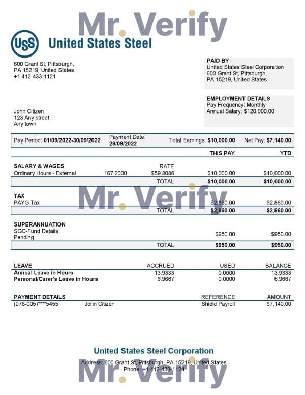 USA United States Steel Corporation steel production company pay stub Word and PDF template