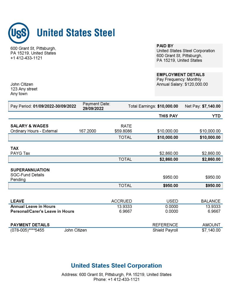 USA United States Steel Corporation steel production company pay stub Word and PDF template