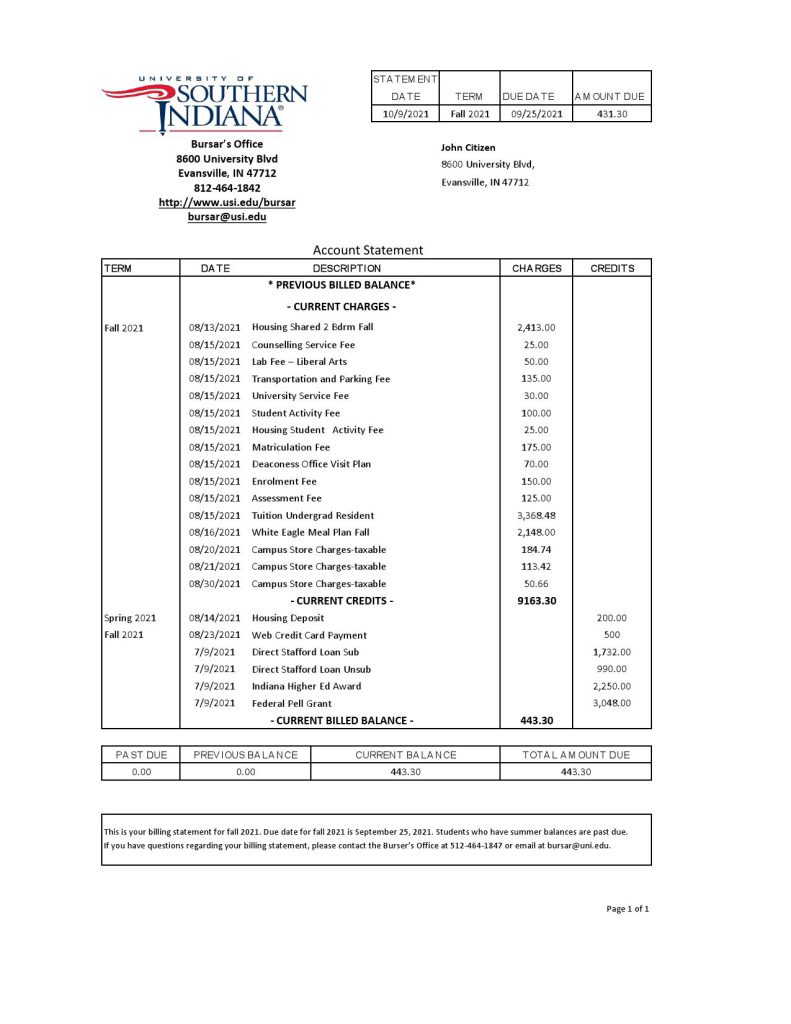 USA University of Southern Indiana account billing statement template in Excel and PDF (.xls and .pdf file) format