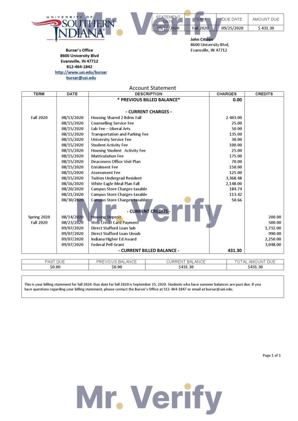 USA University of Southern Indiana account billing statement template in Word and PDF format 600x849 - Cart