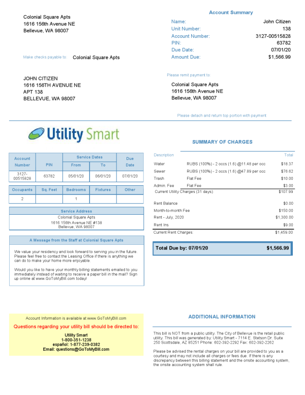 USA Arizona Utility Smart utility bill template in Word and PDF format (.doc and .pdf)