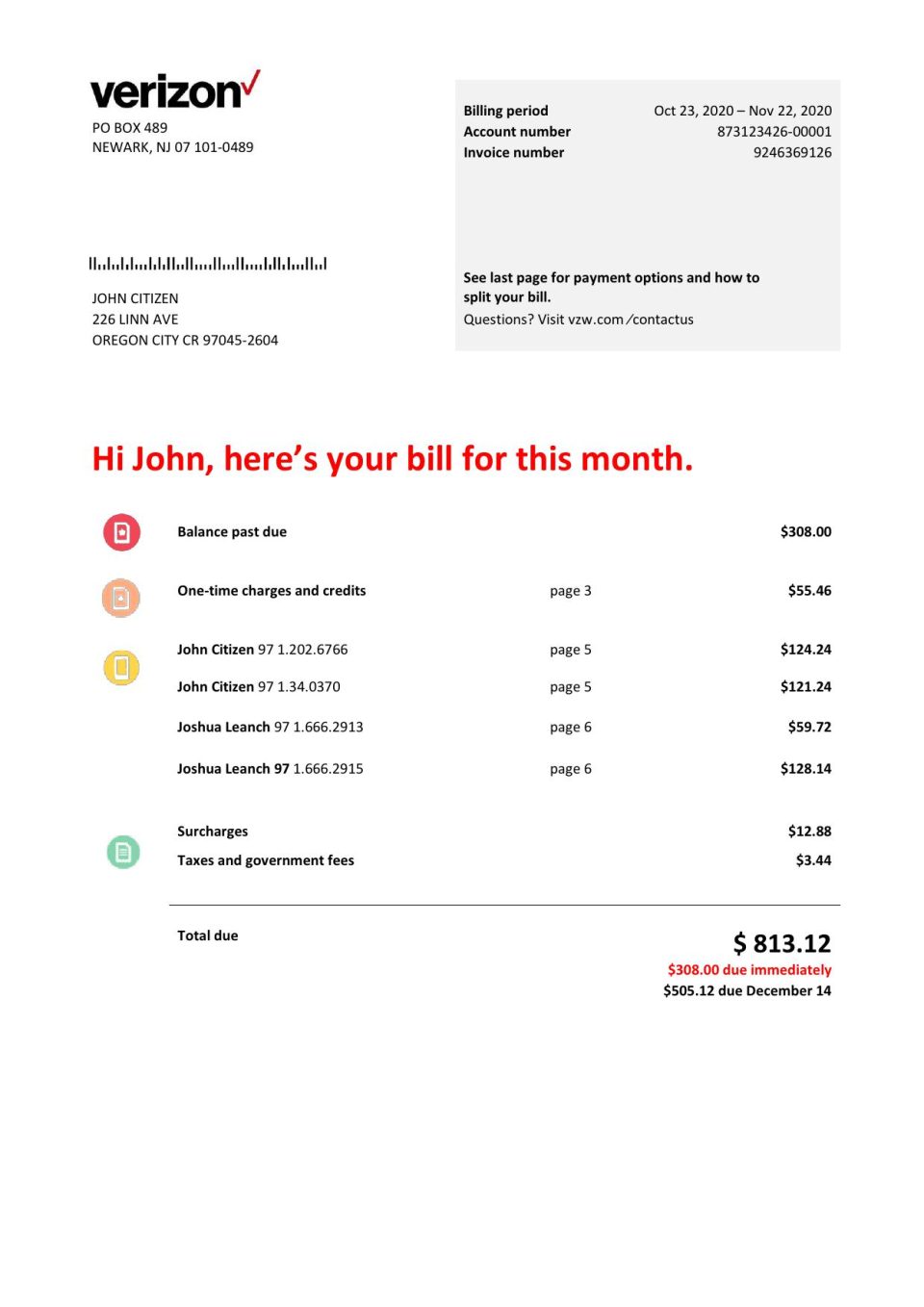USA Verizon telecommunications utility bill template in Word and PDF format